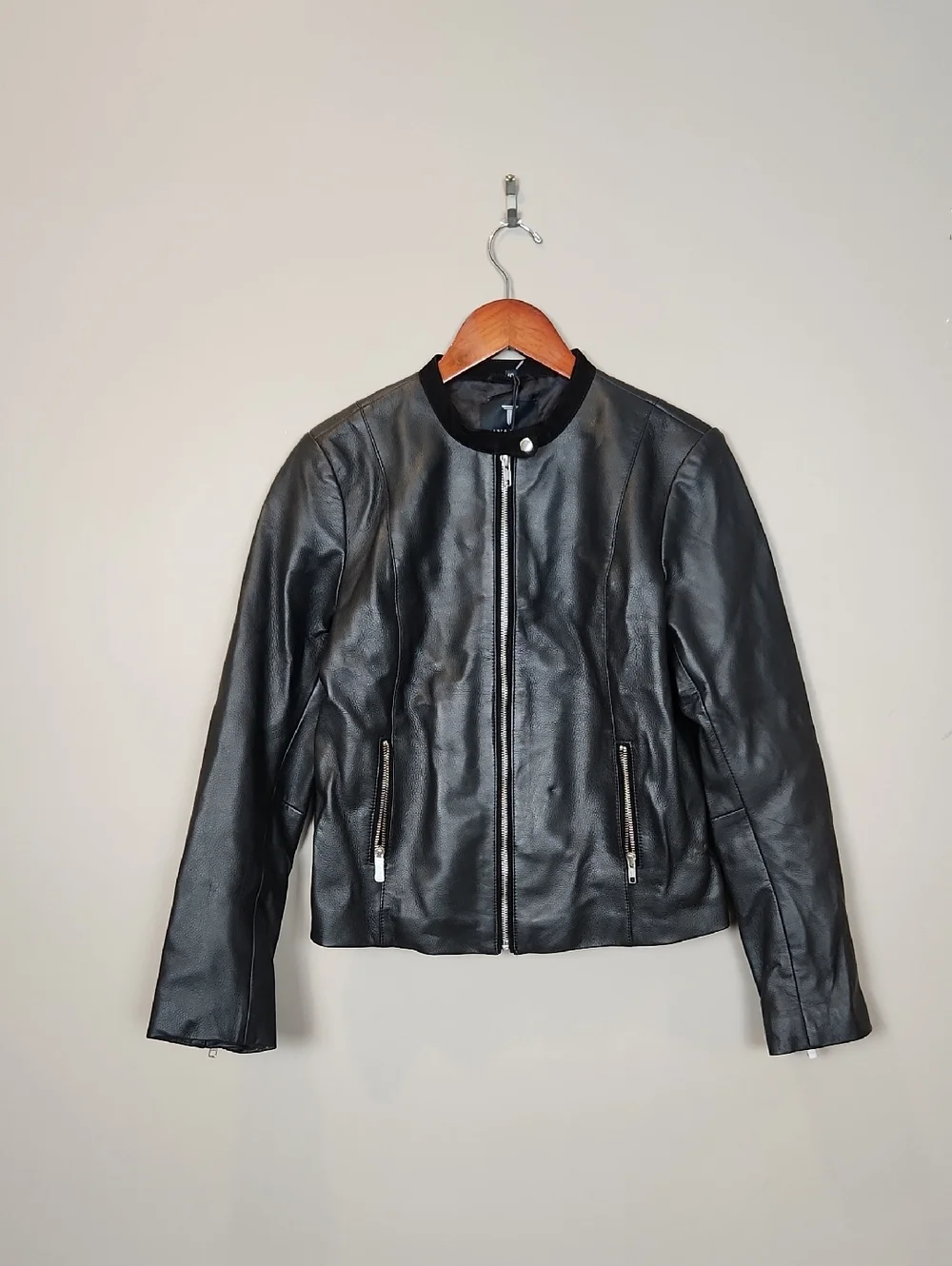 NWT‎ Tan & Brun Genuine Leather Moto Jacket In Black Size Large 40